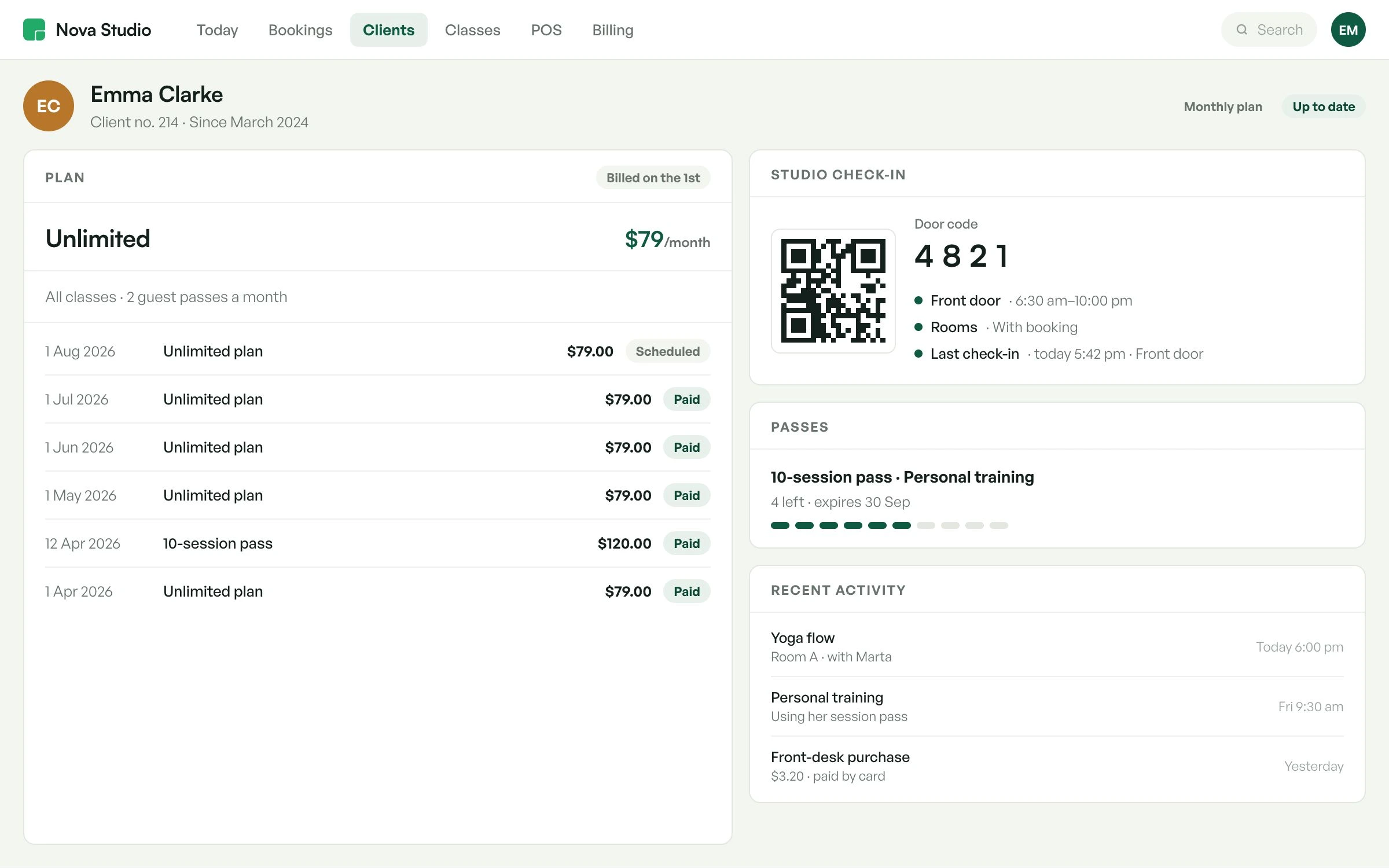 A customer's record in Prisnap: her monthly plan and receipts, studio access with QR and door code, passes and recent activity